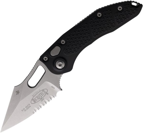 Microtech Automatic Stitch Knife Button Lock Black Aluminum Partially Serrated Blade 16911 For Cheap
