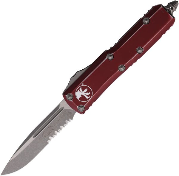 Microtech Automatic UTX-85 OTF Knife Distressed Merlot Red Aluminum Apocalyptic Serrated Blade 23111DMR For Sale