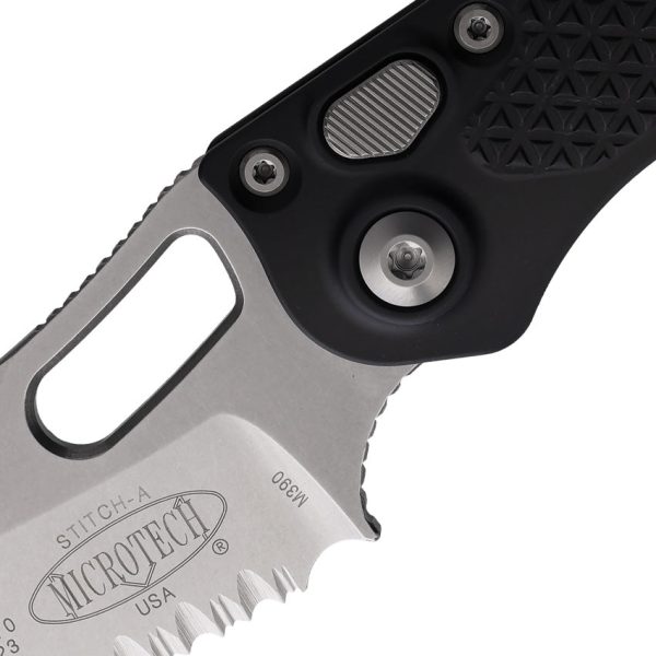 Microtech Automatic Stitch Knife Button Lock Black Aluminum Partially Serrated Blade 16911 For Cheap - Image 2