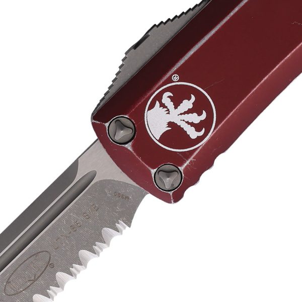 Microtech Automatic UTX-85 OTF Knife Distressed Merlot Red Aluminum Apocalyptic Serrated Blade 23111DMR For Sale - Image 2