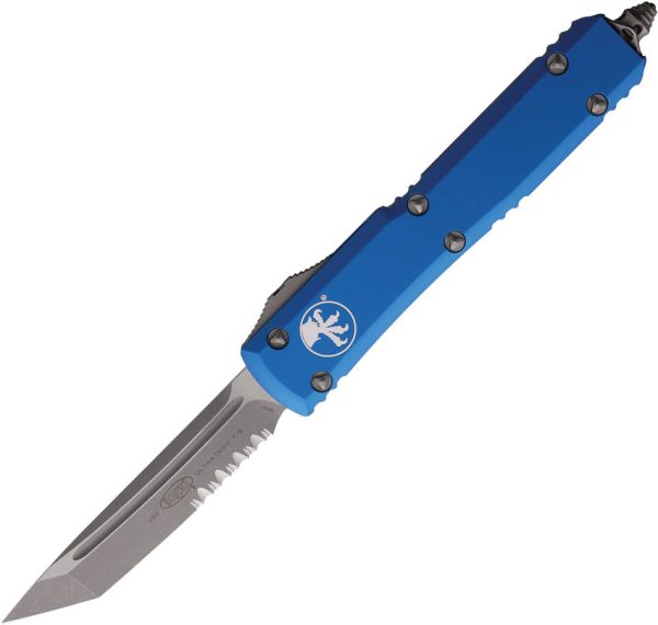 Microtech Automatic Ultratech OTF Knife Blue Aluminum Apocalyptic Serrated Tanto Blade 12212APRD For Cheap